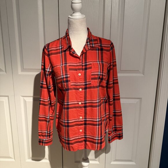 Old Navy Plaid Shirt Womens Size Medium Button Up Long Sleeve Orange Flannel - Picture 5 of 6